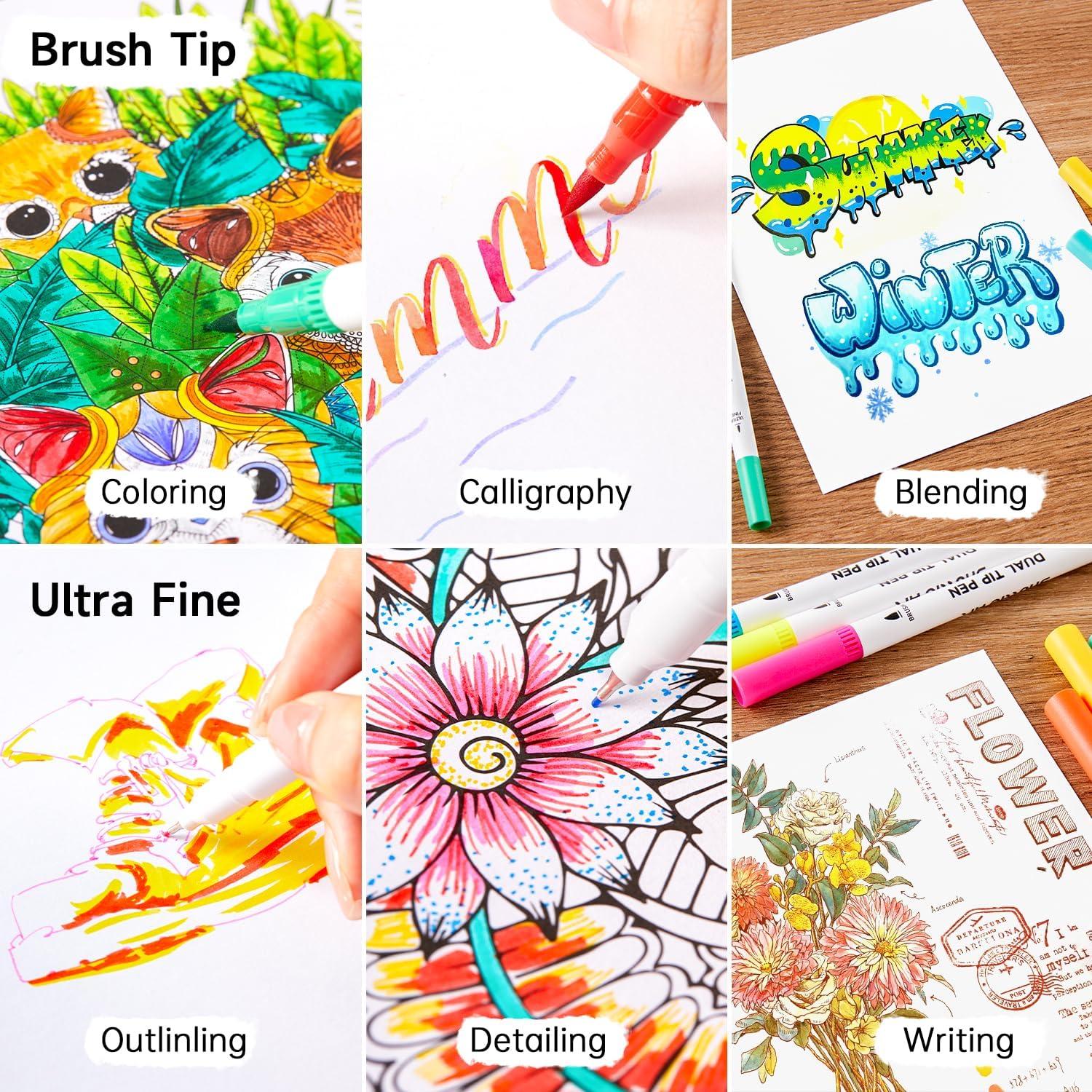 image120 Colors Dual Tip Brush Marker Pens with 1 Coloring Book Fineliner and Brush Dual Tip Markers Set Waterbased Ink Perfect for Kids Adult Artist Calligraphy Hand Lettering Journal Doodling Writing