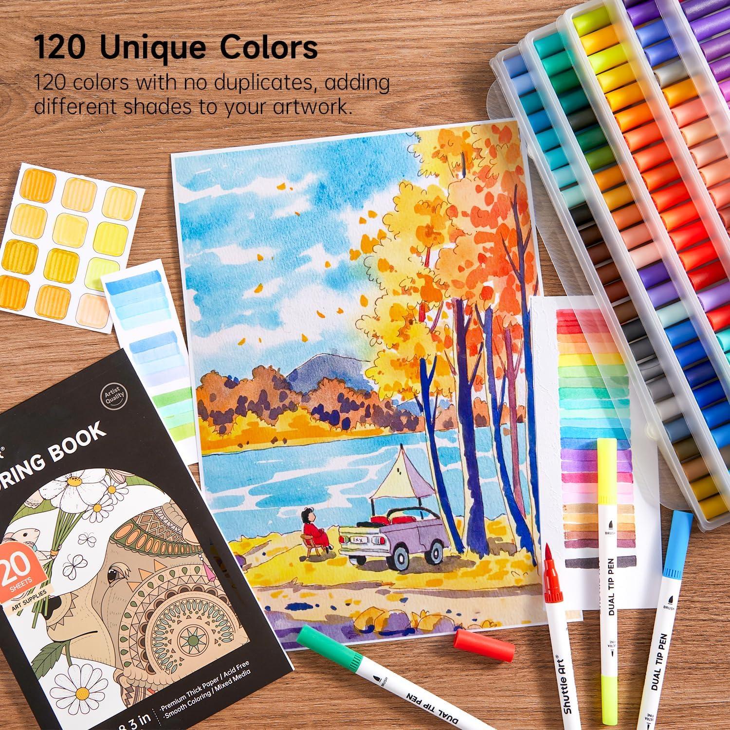 image120 Colors Dual Tip Brush Marker Pens with 1 Coloring Book Fineliner and Brush Dual Tip Markers Set Waterbased Ink Perfect for Kids Adult Artist Calligraphy Hand Lettering Journal Doodling Writing
