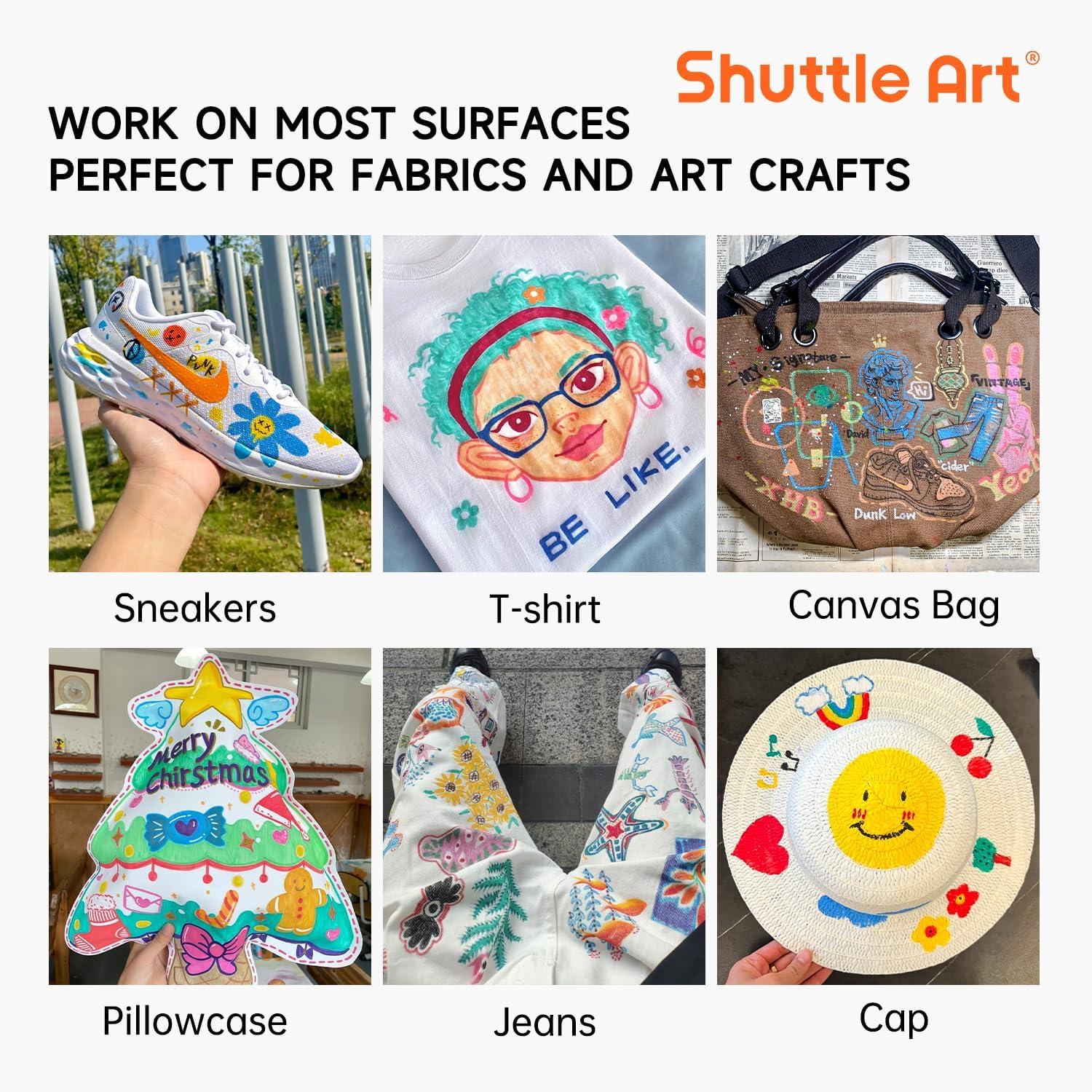 imageShuttle Art 36 Colors Fabric Markers Permanent Shirt Markers for Clothes Sneakers Jeans with 11 Stencils 1 Fabric Sheet Fabric Pens for Kids Adult Painting Writing