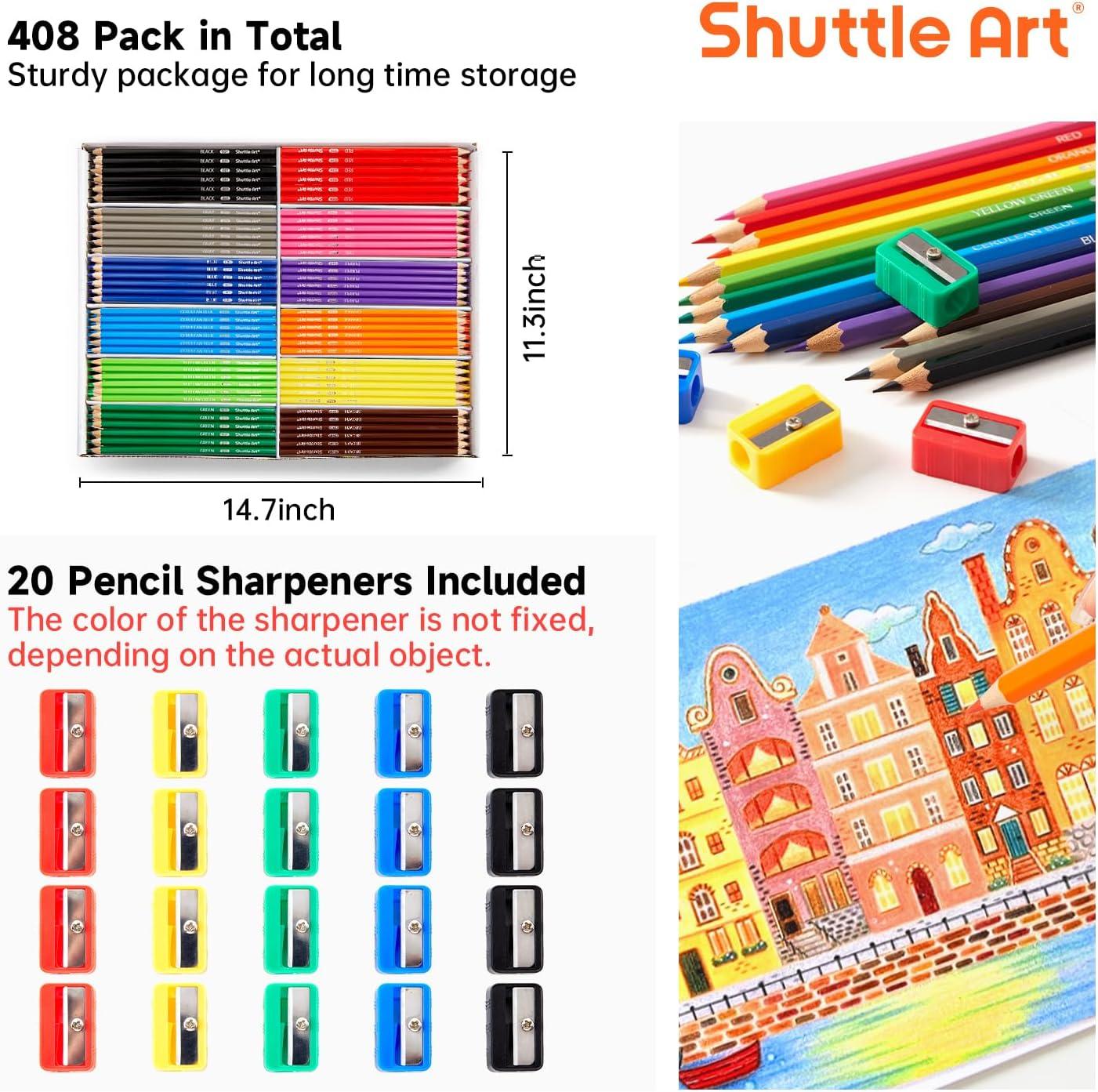 imageShuttle Art Colored Pencils Bulk 408 Pack Coloring Pencil Set Plus 20 Sharpeners 12 Assorted Colors Classroom Pack School Supplies