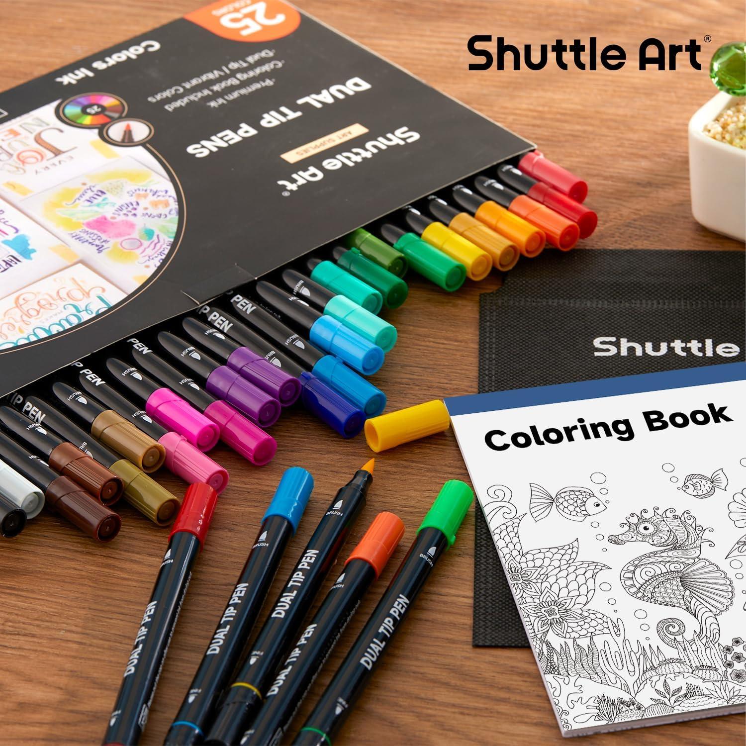 imageShuttle Art Dual Tip Brush Marker Pens 25 Colors Waterbased Ink Fine and Brush Tip Marker Set with 1 Coloring Book for Kids Adult Artist Calligraphy Hand Lettering Journal Doodling Writing