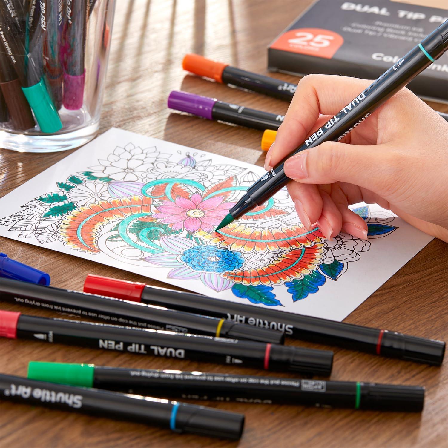 imageShuttle Art Dual Tip Brush Marker Pens 25 Colors Waterbased Ink Fine and Brush Tip Marker Set with 1 Coloring Book for Kids Adult Artist Calligraphy Hand Lettering Journal Doodling Writing