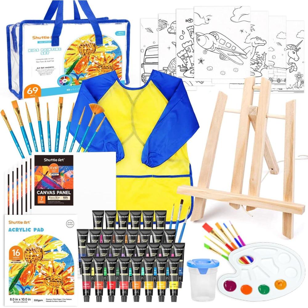 image69 Pack Kids Paint Set Shuttle Art Art Set for Kids with 30 Colors Acrylic Paint Wood Easel Canvas Painting Pad Brushes Palette and Smock Complete Paint Set for Boys and Girlspackage may very