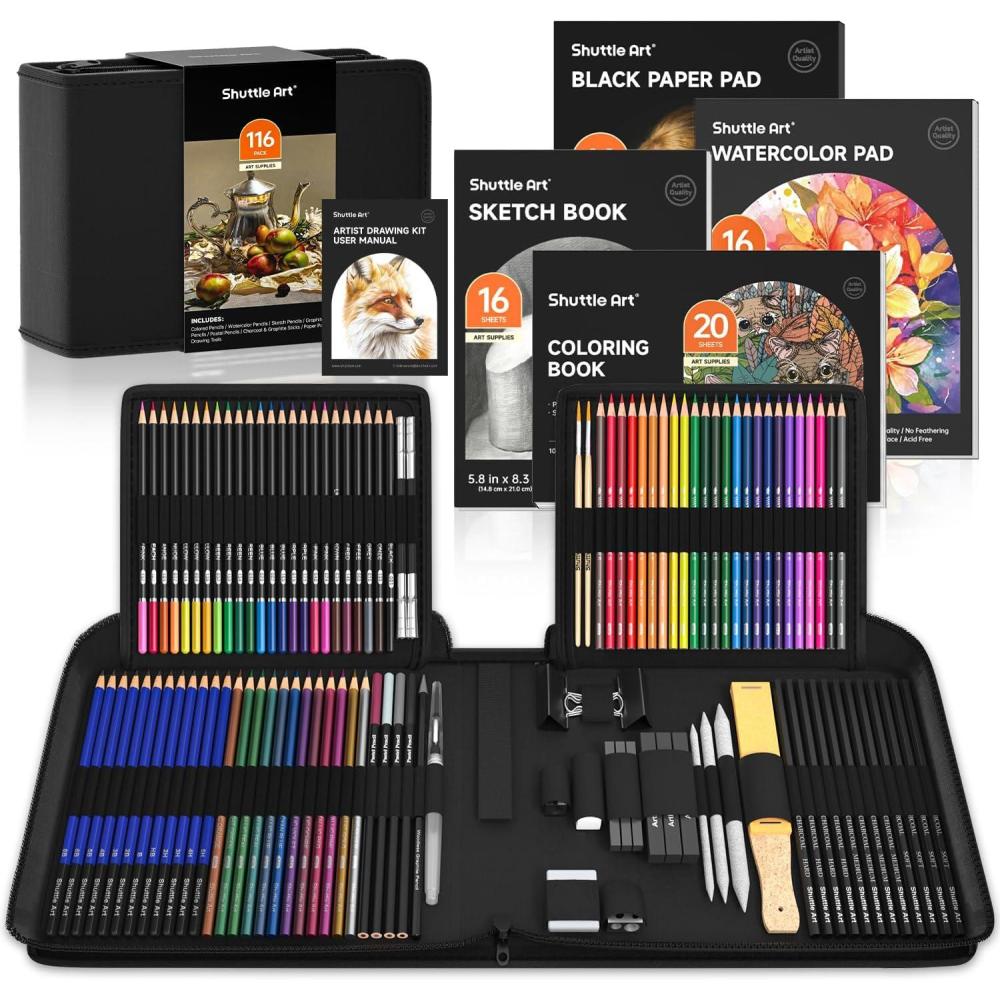 imageShuttle Art 116 PCS Drawing Kit Professional Drawing Supplies with Sketch Charcoal Colored Graphite Pastel Pencils ampamp Sticks Complete Drawing Tools and Paper Pads in Zipper Case for ArtistsampampKids