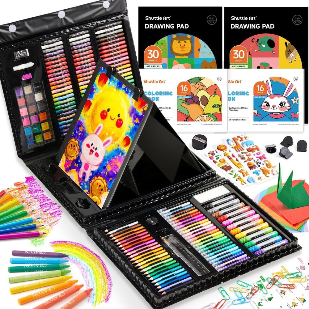 imageShuttle Art 335 Piece Kids Art Set MultiMedia Art Supplies Gift Art Kit with Trifold Easel 2 Drawing Pads 2 Coloring Books Oil Pastels Crayons Watercolors Markers Colored Pencils Black