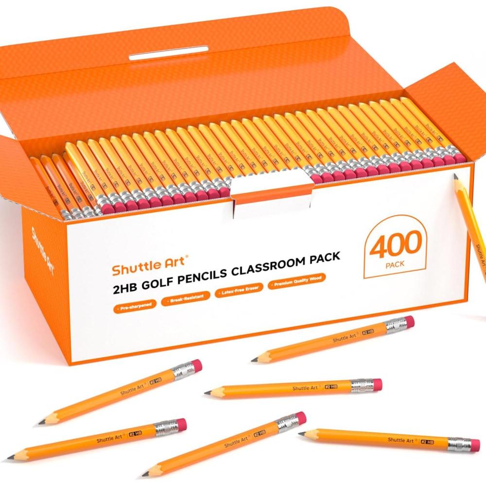 imageShuttle Art 400 Pack Golf Pencils With Erasers 2 HB Pencils Bulk 35 Mini Pencil PreSharpened Small Pencil for Kids Teachers Classroom Games Back to School Supplies