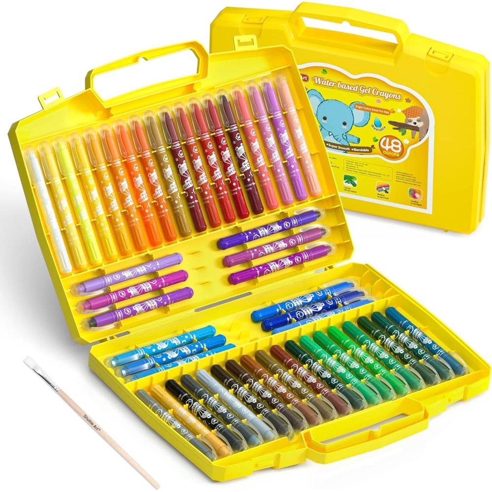 imageShuttle Art 48 Colors Gel Crayons for Toddlers NonToxic Crayons Set with 1 Brush and Foldable Case for Kids Children Coloring CrayonPastelWatercolor Effect Ideal for Window Paper Glass