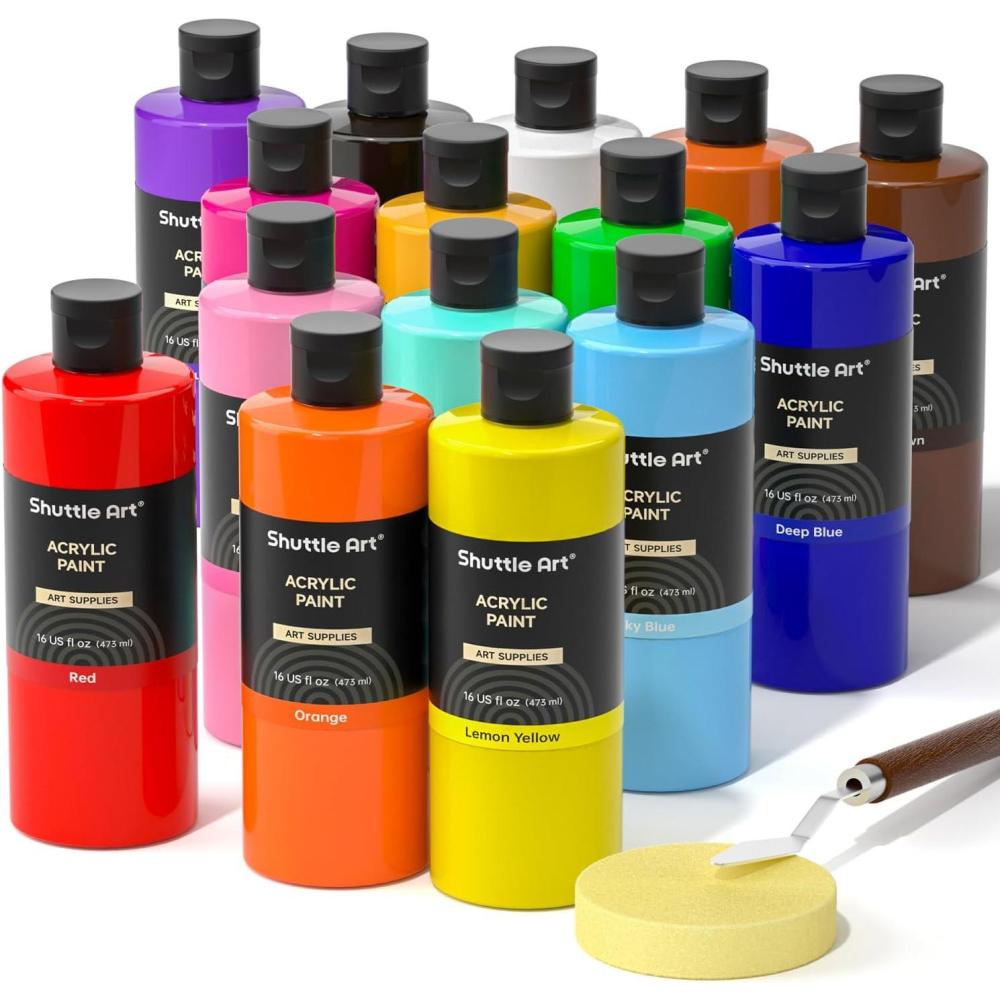 imageShuttle Art Acrylic Paint 15 Colors Acrylic Paint Large Bottle Set 473ml16oz Each Rich Pigments High Viscosity Bulk for Artists Beginners and Kids on Rocks Crafts Canvas Wood