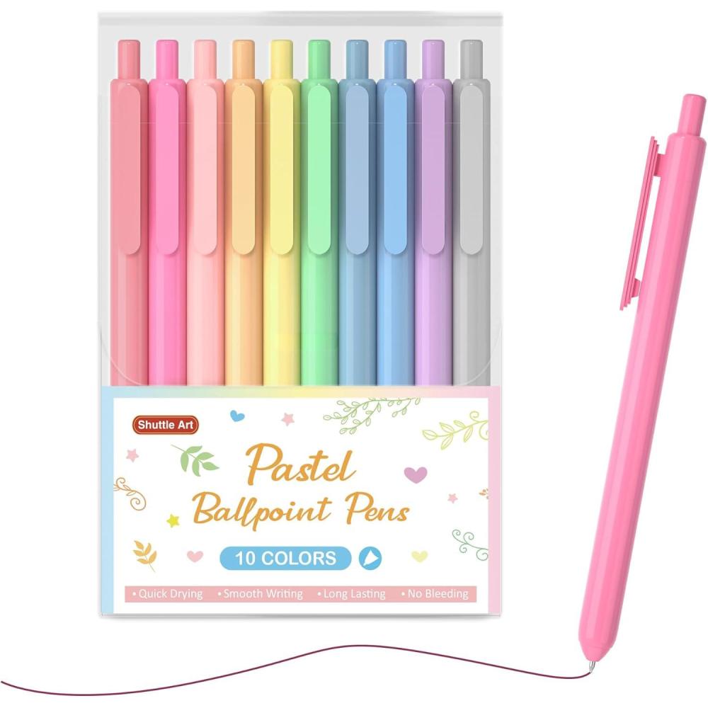 imageShuttle Art Ballpoint Pens 10 Pack Pastel Retractable Colored Ink Ball Point Pens Cute Pens 10mm Medium Point Quick Drying for Writing Journaling Taking Notes School Office Home