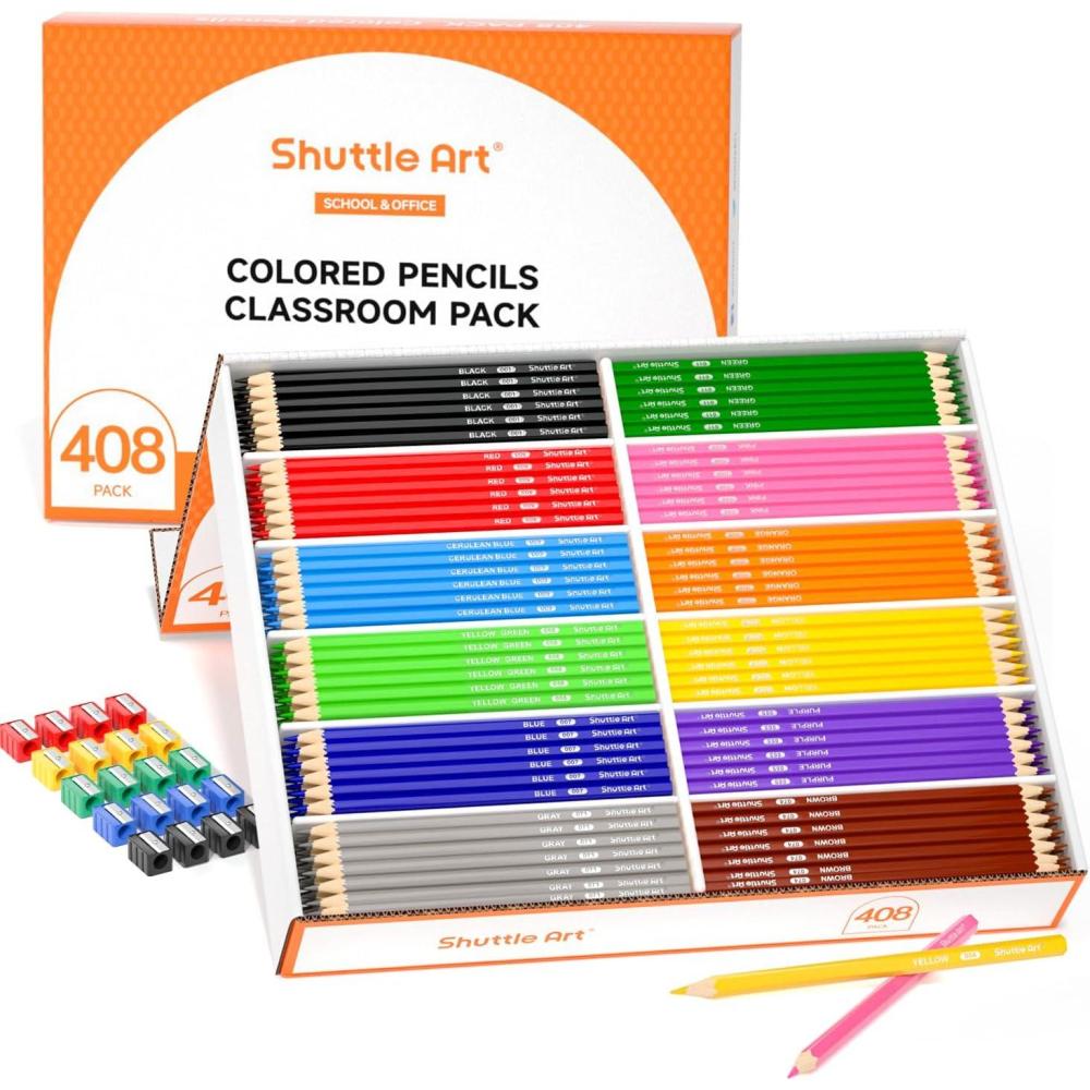 imageShuttle Art Colored Pencils Bulk 408 Pack Coloring Pencil Set Plus 20 Sharpeners 12 Assorted Colors Classroom Pack School Supplies