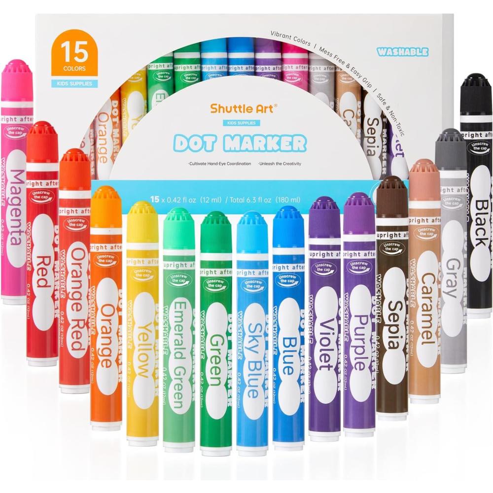 imageShuttle Art Dot Markers 15 Colors Washable Dot Markers for ToddlersBingo Daubers Supplies for Kids Preschool Children Non Toxic WaterBased Bingo Daubers