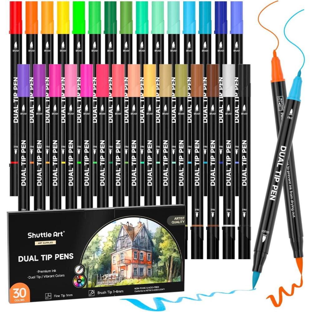 imageShuttle Art Dual Tip Brush Marker Pens 30 Colors Dual Tip Calligraphy Pens Fine and Brush Tip Markers Set Waterbased Ink Perfect for Kids Adult Artist Calligraphy Journal Doodling Writing