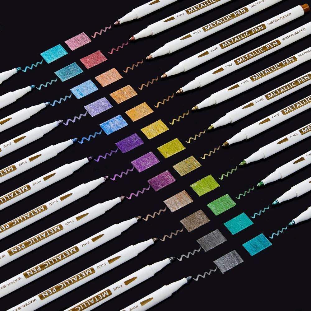 imageShuttle Art Metallic Marker Pens 24 Colors Metallic Paint Markers Fine Point for DIY Card Calligraphy Art and Crafting Projects Works Great on Black Paper Scrapbooks Fabric Rock