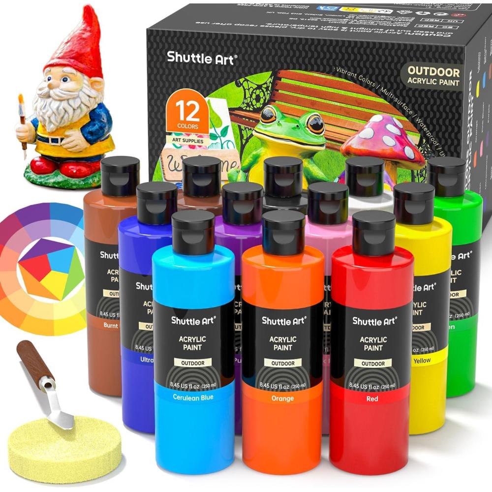 imageShuttle Art Outdoor Acrylic Paint Set 12 Colors Waterproof Paint 845oz250ml Large Bottles Rich Pigmented Bulk Painting Supplies for Artists Beginners on Rocks Wood Wall Crafts Garden Statues