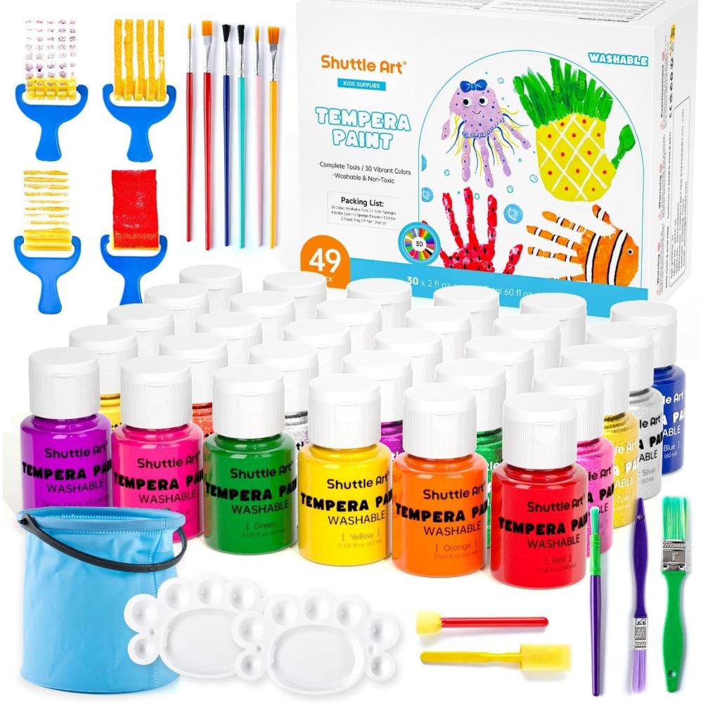 imageShuttle Art Tempera Paint 30 Colors Washable Paint for Kids 2oz60ml Bottle Nontoxic for Toddlers with Glitter Metallic Neon Colors For Art Crafts and School Projects