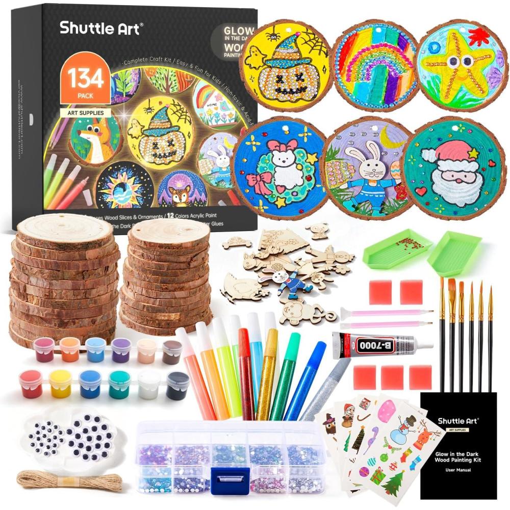 imageWood Slices Kit Shuttle Art 35 PCS Unfinished Natural Wood Slices with PreDrilled Hole Acrylic Paint Permanent Markers Jute Twine DIY Craft for Kids Adults Holiday Decoration Christmas OrnamentsGlow in the Dark