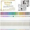 30 Pack Metallic Marker Pens, Lineon 24 Colors Fine Tip Paint Pens with 6 Stencils for DIY Craft Photo Album Rock Art Painting Card Making Glass Wood