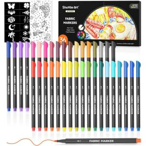 Shuttle Art 36 Colors Fabric Markers, Permanent Shirt Markers for Clothes Sneakers Jeans with 11 Stencils 1 Fabric Sheet, Fabric Pens for Kids Adult Painting Writing