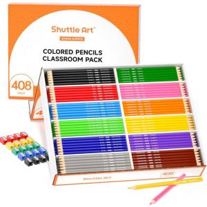 Shuttle Art Colored Pencils Bulk, 408 Pack Coloring Pencil Set Plus 20 Sharpeners, 12 Assorted Colors, Classroom Pack School Supplies