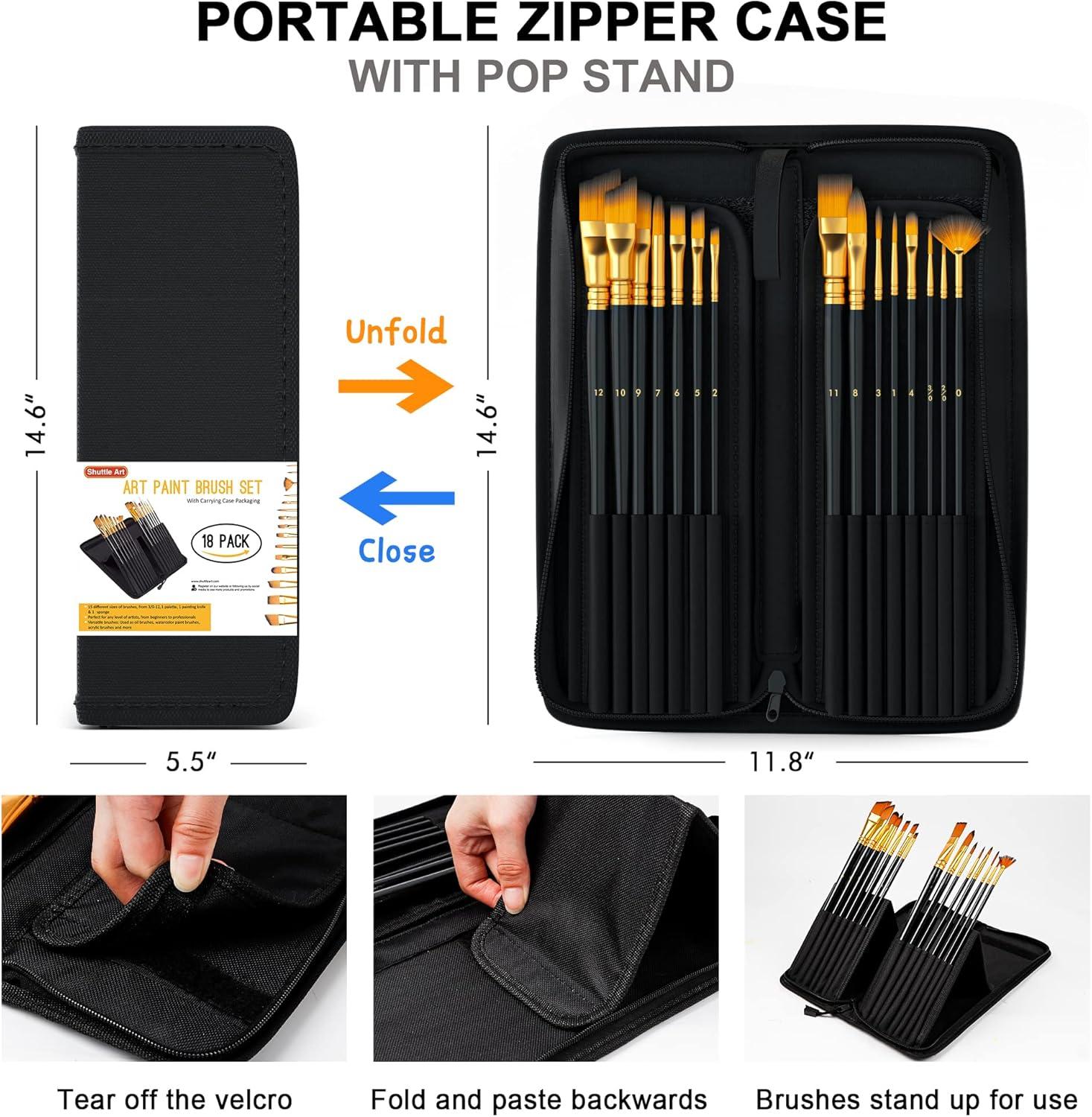 imageShuttle Art Artist Paint Brush Set18 Pcs Different Shapes ampamp Sizes Paint Brushes Bonus Palette Knife ampamp Sponge for Acrylic Watercolor Oil and Gouache Painting with Standable Organizing Case