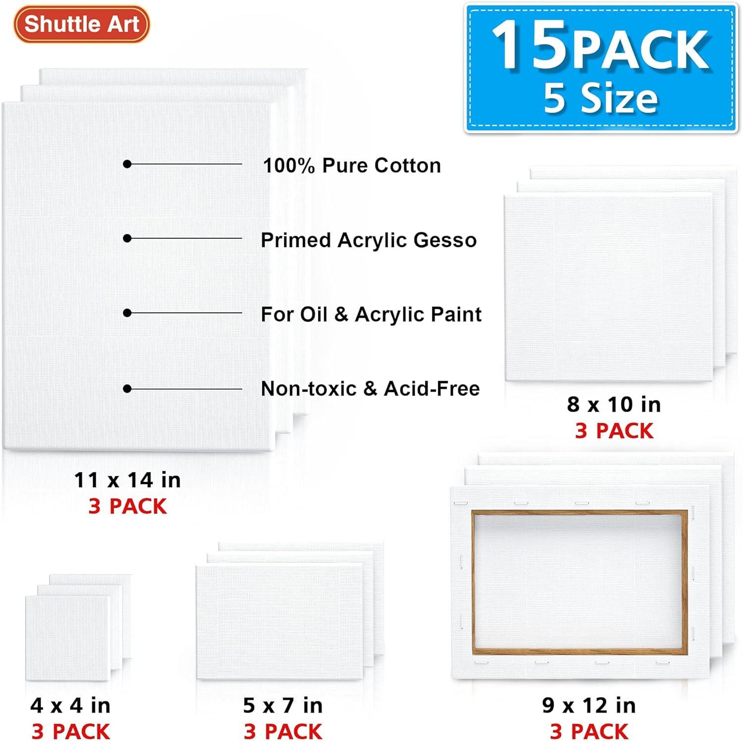 imageShuttle Art Stretched Canvas 12 Pack 11 x 14 Inch Canvases for Painting 100 Cotton Primed White Premium Painting Canvas for Beginners and Artists for Acrylic Oil Acrylic Pouring Painting15 Multi Pack4x4  5x7  8x10  9x12  11x14