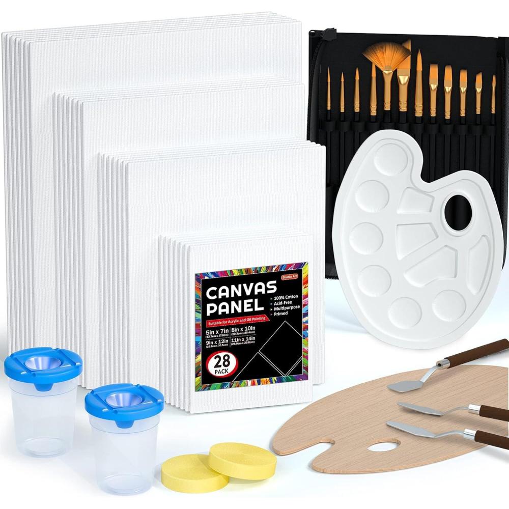 image50 Pack Canvas Painting Kit Shuttle Art Painting Supplies with 28 Multi Sizes Canvas Boards for Painting and 22 Tools including Paint Brushes Palette Painting Knives for Acrylic Oil Gouache Paint