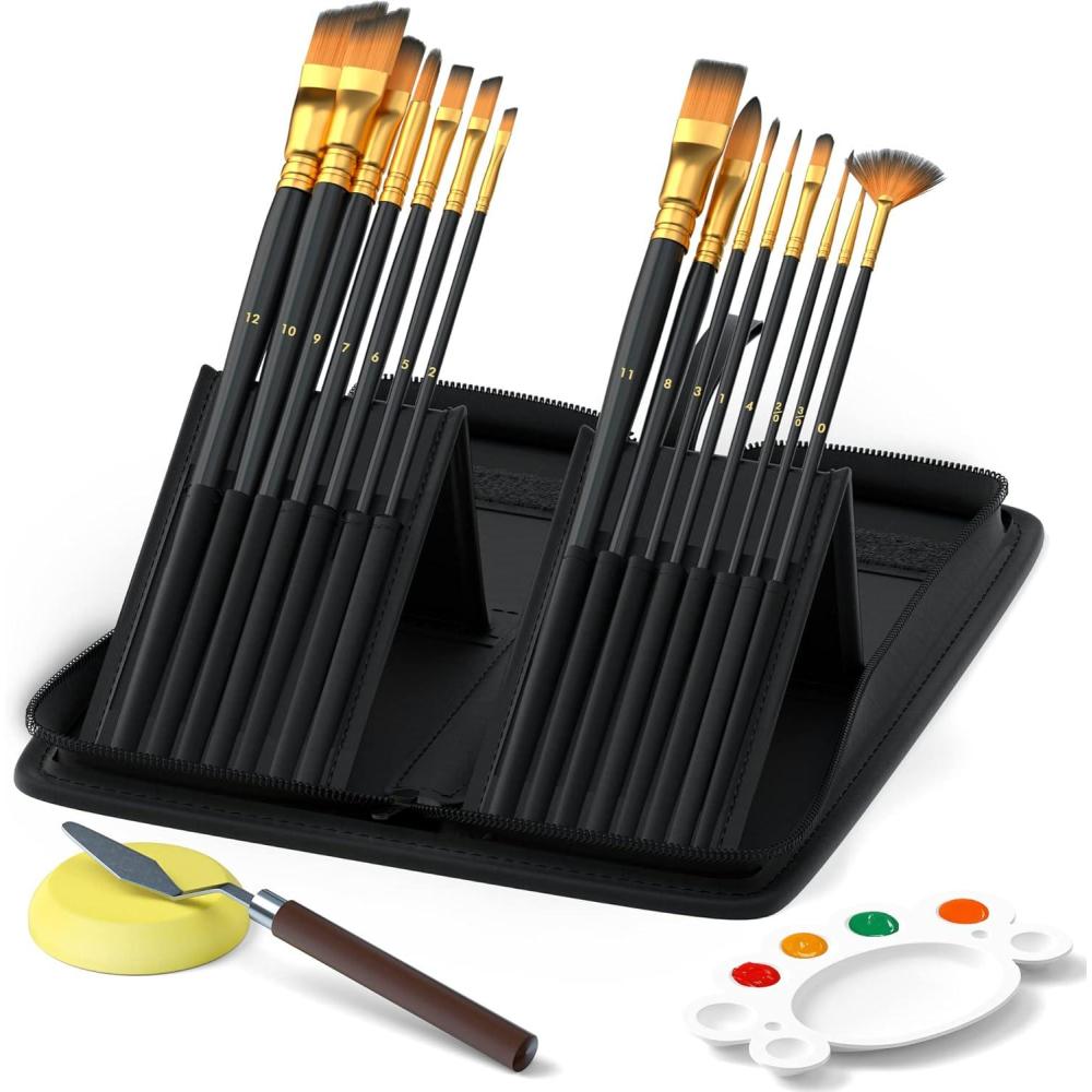 imageShuttle Art Artist Paint Brush Set18 Pcs Different Shapes ampamp Sizes Paint Brushes Bonus Palette Knife ampamp Sponge for Acrylic Watercolor Oil and Gouache Painting with Standable Organizing Case
