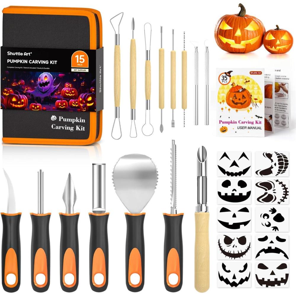 image25 PCS Halloween Pumpkin Carving Kit Shuttle Art 15 PCS Professional Premium Quality Stainless Steel Pumpkin Carving Tools with 10 Pumpkin Stencils Carrying Case for Kids Adults Sculpting and Carving