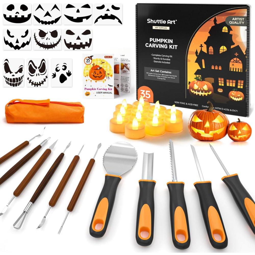 imageShuttle Art 35 PCS Halloween Pumpkin Carving Kit 11 PCS Professional Stainless Steel Pumpkin Carving Tools with 10 Stencils and 12 Electronic Candles Safe Fun and Durable for Kids Adults Carving