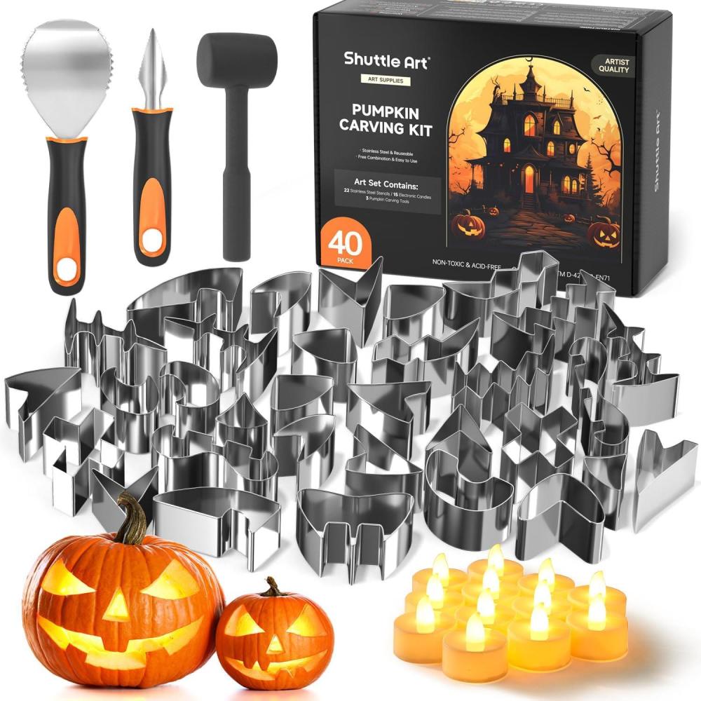 imageShuttle Art 40PCS Pumpkin Carving Kit 22 PCS Stainless Steel Pumpkin Carving Stencils with 15 Electronic Candles ampamp 3 Carving Tools Easy Safe Fun and Durable for Kids Adults Pumpkin Carving