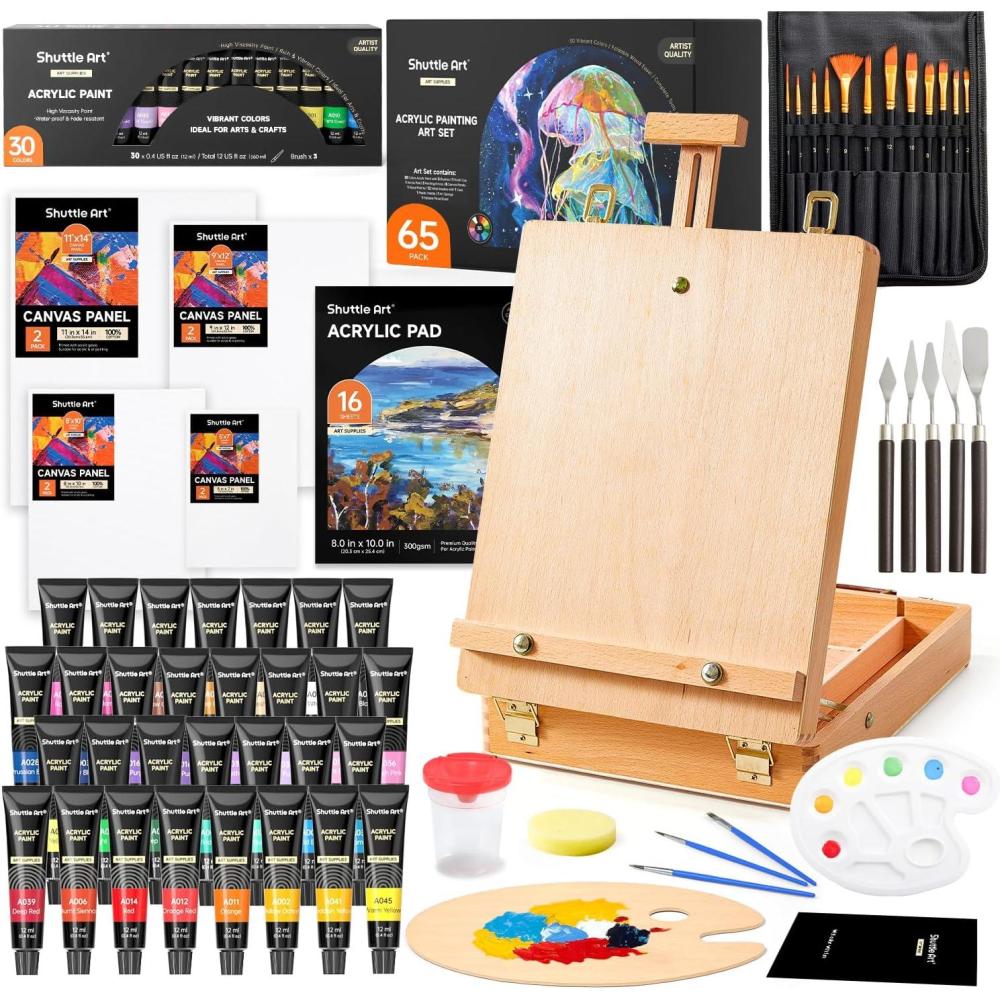 image65 Pack Acrylic Paint Set Shuttle Art Acrylic Painting Set with Wooden Easel 30 Colors Acrylic Paint Painting Canvas Paint Brushes Palettes Art Painting Supplies for Kids Adults Beginner Artists