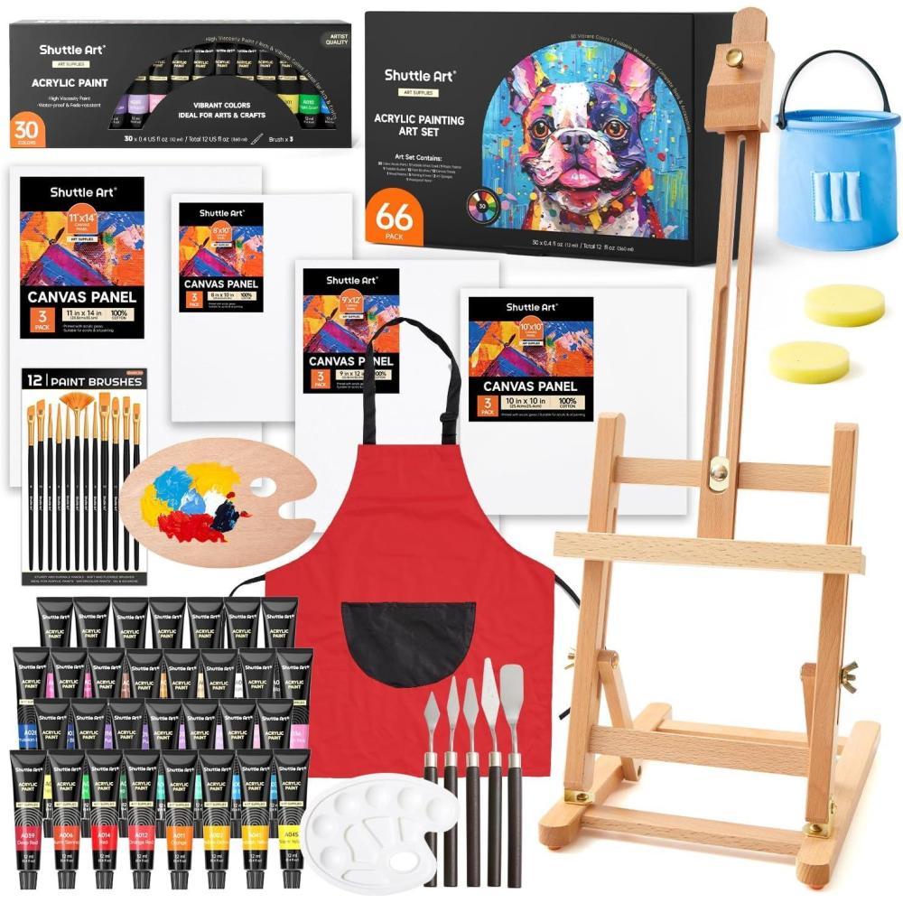 image66 Pack Acrylic Paint Set Shuttle Art Acrylic Painting Set with 30 Colors Acrylic Paint Wooden Easel Painting Canvas Paint Brushes Palettes Art Painting Supplies for Kids Adults Beginner Artists