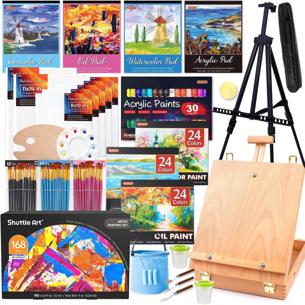 imageShuttle Art 168 Pcs Artist Painting Set Deluxe Art Set with Paint Aluminum and Wooden Easels Canvas Paper Pads Brushes and Other Art Supplies Complete Painting Kit for Adults Kids and Artists