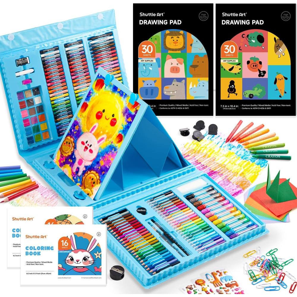 imageShuttle Art 335 Piece Kids Art Set MultiMedia Art Supplies Gift Art Kit with Trifold Easel 2 Drawing Pads 2 Coloring Books Oil Pastels Crayons Watercolors Markers Colored Pencils PinkBlue335 Piece
