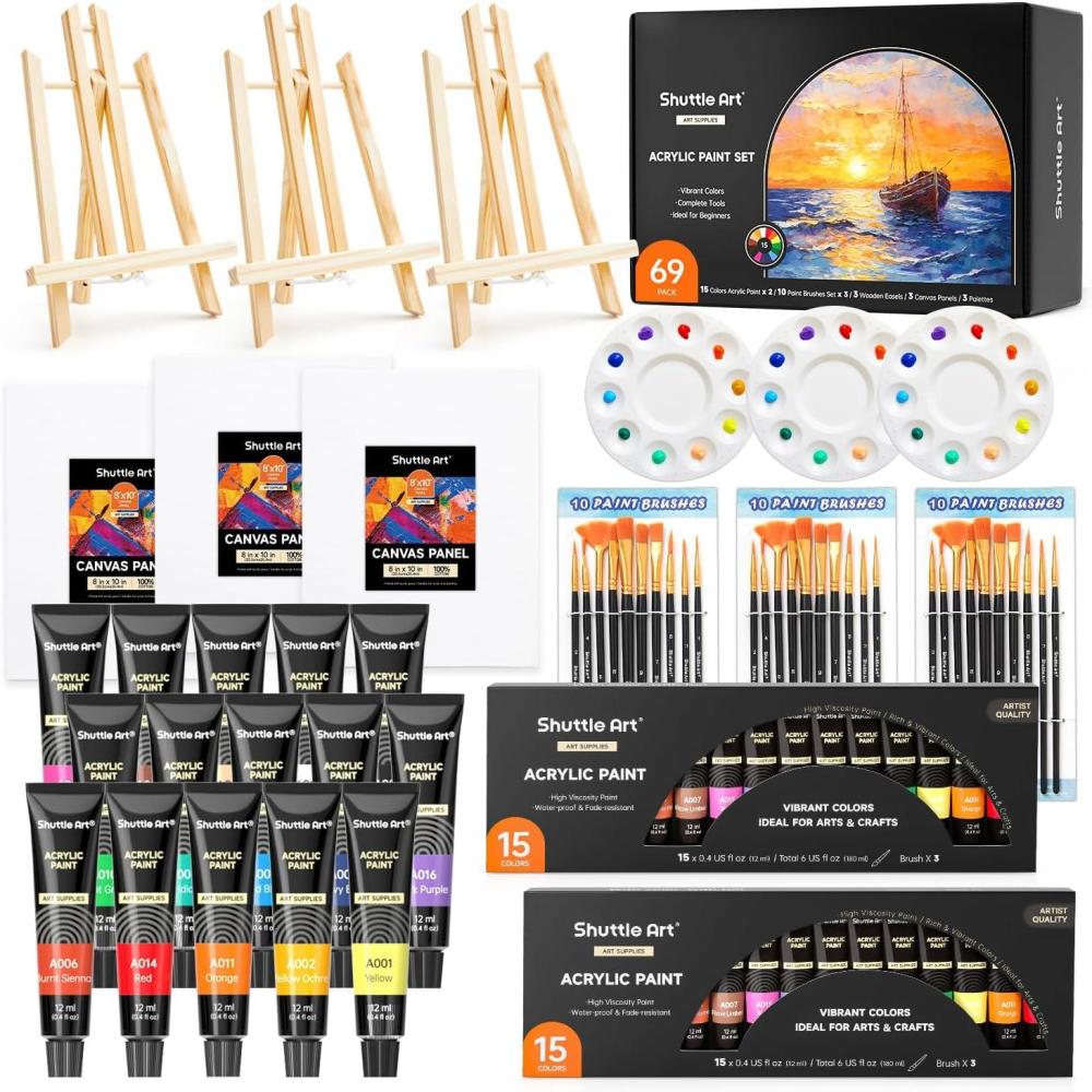 imageShuttle Art 69 Pack Acrylic Paint Set Painting Set with 2 Pack of 15 Colors Acrylic Paint 3 Sets of Wooden Easels Canvas Brushes ampamp Palettes Art Painting Supplies for Kids Adults Beginner69 Pack