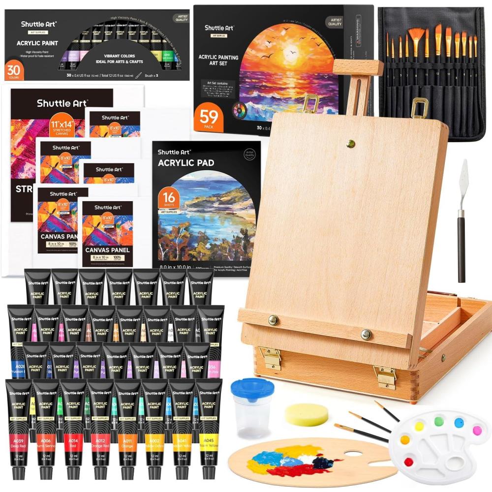 imageShuttle Art Acrylic Painting Set 59 Pack Professional Painting Supplies with Wood Tabletop Easel 30 Colors Acrylic Paint Canvas Brushes Palette Complete Painting Kit for Kids Adults Artists