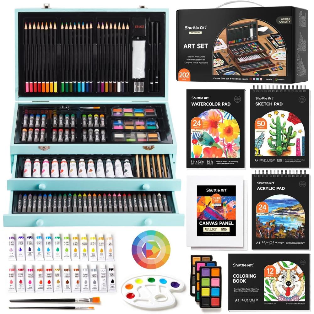 imageShuttle Art Deluxe Gift Art Kit 202Piece Wooden Art Supplies Set with 4 Drawing Pads Canvases Coloring Sheets Acrylic Paint Crayons Oil Pastels Colored Pencils for KidsTeal