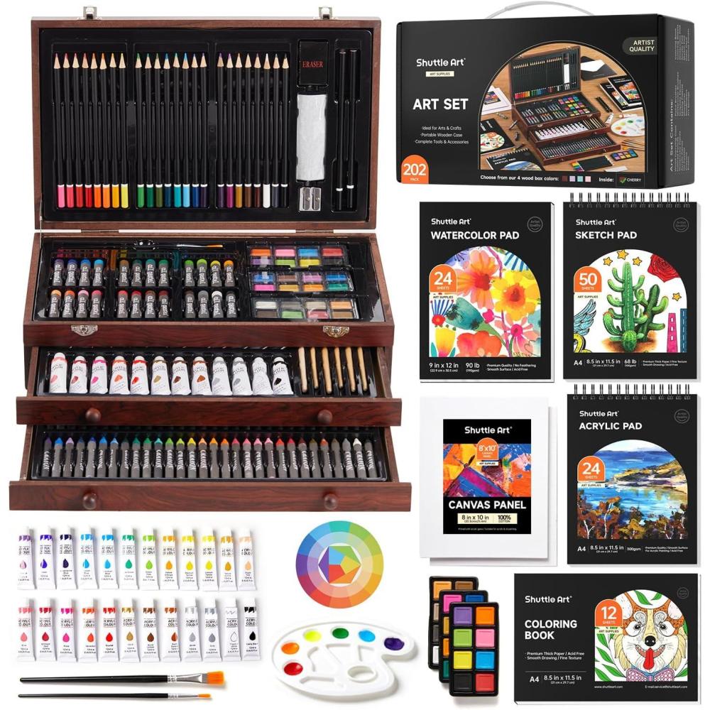imageShuttle Art Deluxe Gift Art Kit 202Piece Wooden Art Supplies Set with 4 Drawing Pads Canvases Coloring Sheets Acrylic Paint Crayons Oil Pastels Colored Pencils for KidsCherry
