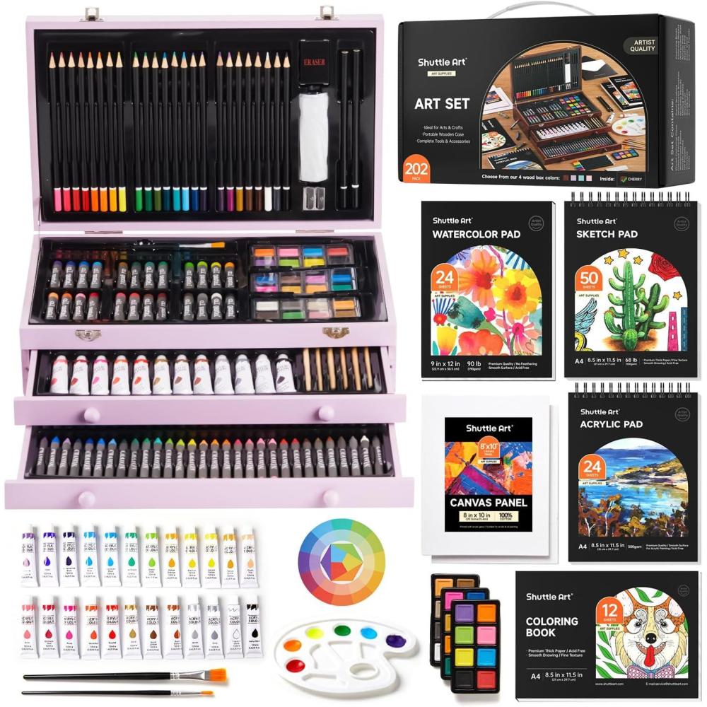 imageShuttle Art Deluxe Gift Art Kit 202Piece Wooden Art Supplies Set with 4 Drawing Pads Canvases Coloring Sheets Acrylic Paint Crayons Oil Pastels Colored Pencils for KidsPurple