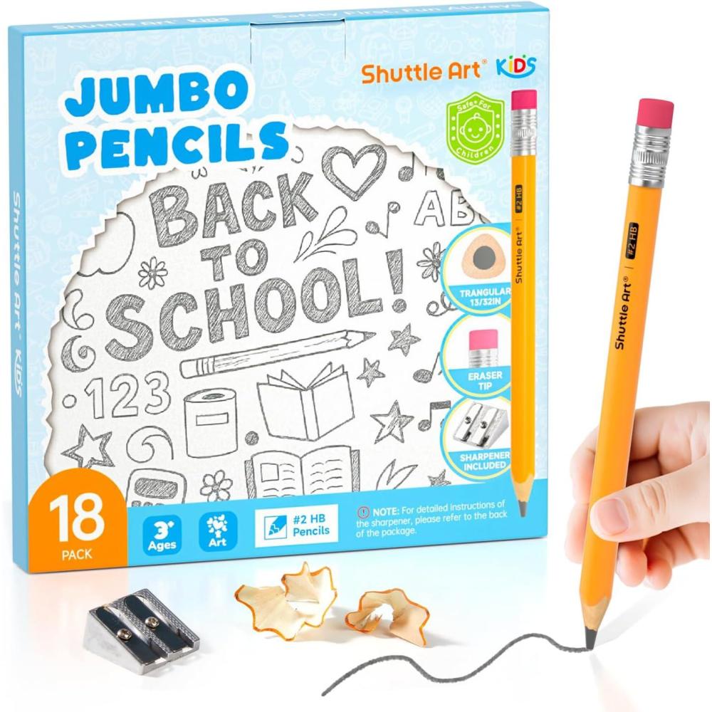 imageShuttle Art Jumbo Pencils  18 Pack Triangle Pre sharpened Pencils 2 HB with Top Erasers ampamp Sharpener for kids Ages 48 Kindergarten School Supplies Ideal for Home Classroom