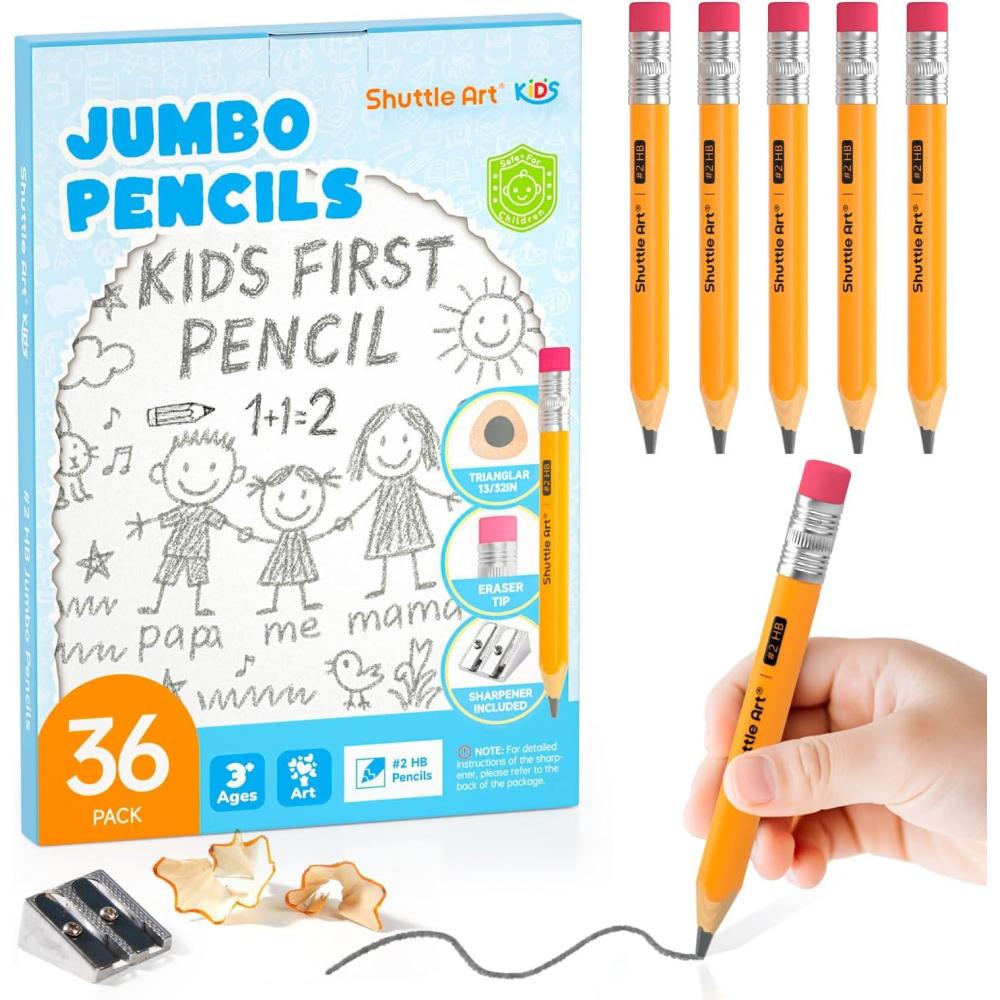 imageShuttle Art Jumbo Pencils  36 Pack Triangle Pre sharpened Pencils 2 HB with Top Erasers ampamp Sharpener for Kids Ages 35 Kindergarten School Supplies Ideal for Home Classroom