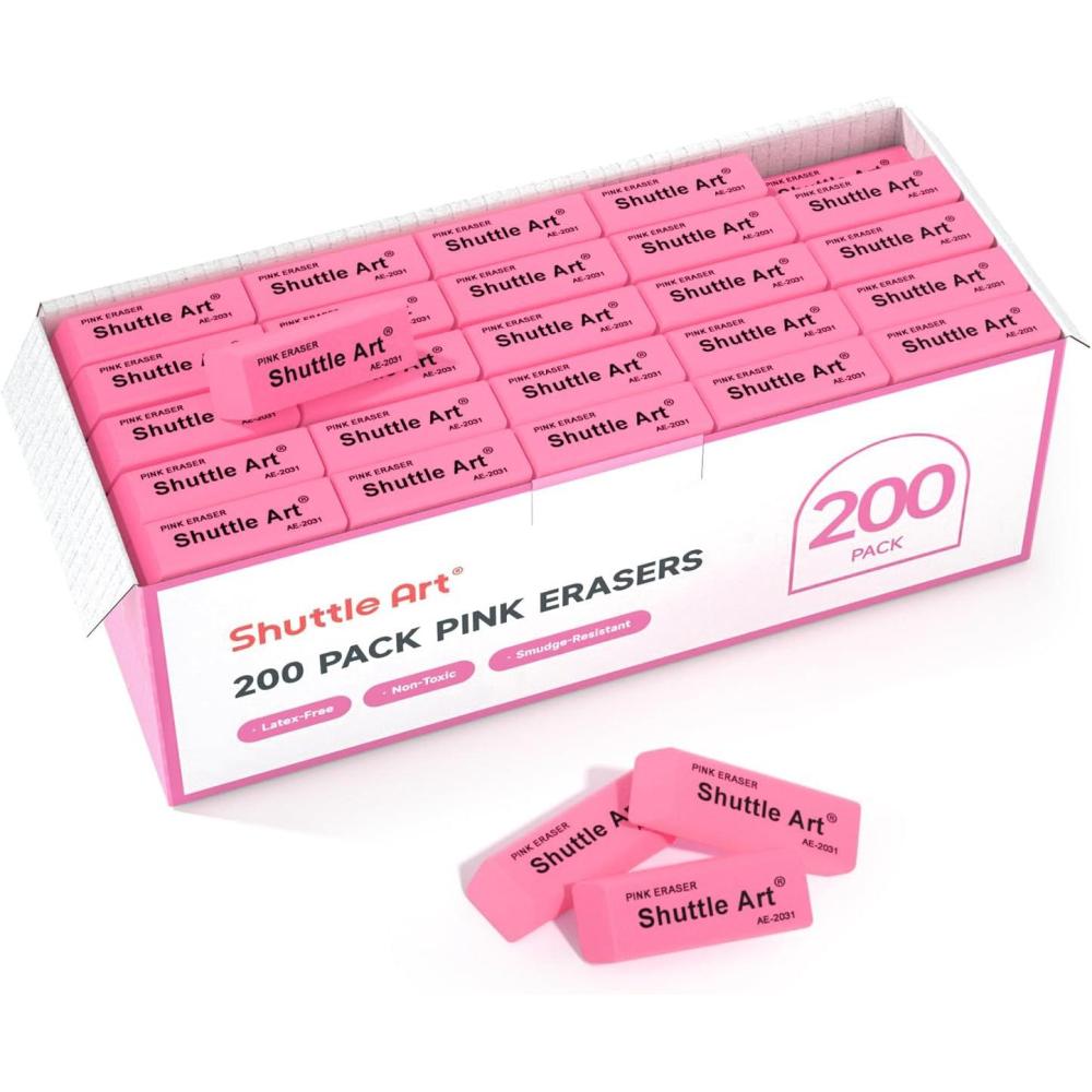 imageShuttle Art Pink Erasers 200 Pack Bulk for School Office LatexFree Soft Erasers for Kids Teachers as School SuppliesPink200