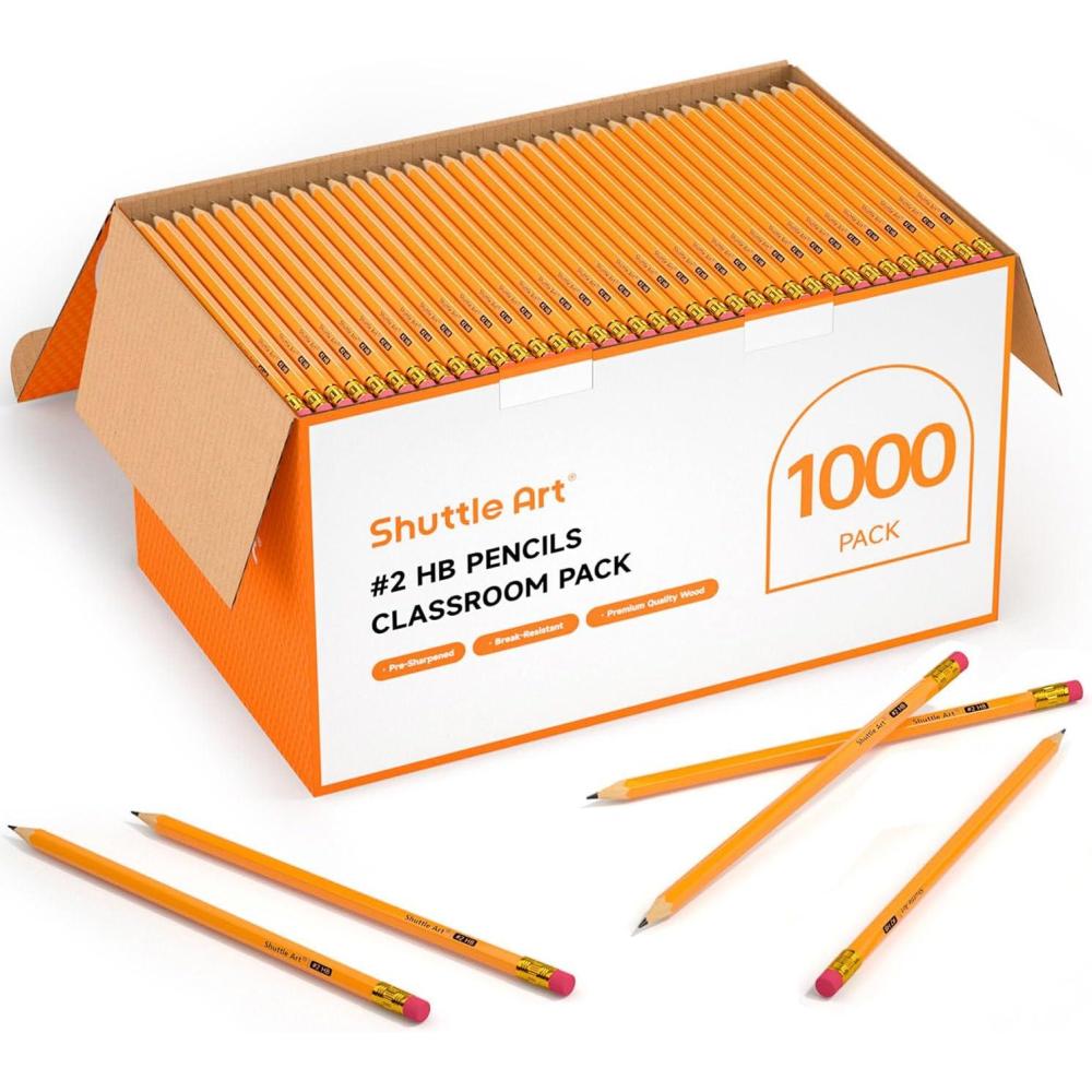 imageShuttle Art WoodCased 2 HB Pencils 1000 Pack Sharpened Yellow Pencils with Erasers Bulk Pack Graphite Pencil for School and Teacher Supplies Writing Drawing and Sketching
