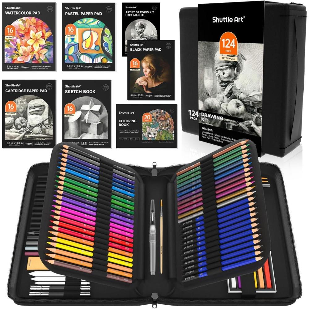 imageShuttle Art 124 PCS Drawing Kit Professional Drawing Supplies with Sketch Charcoal Colored Graphite Pastel Pencils ampamp Sticks Complete Drawing Tools and Paper Pads in Zipper Case for ArtistsampampKids124