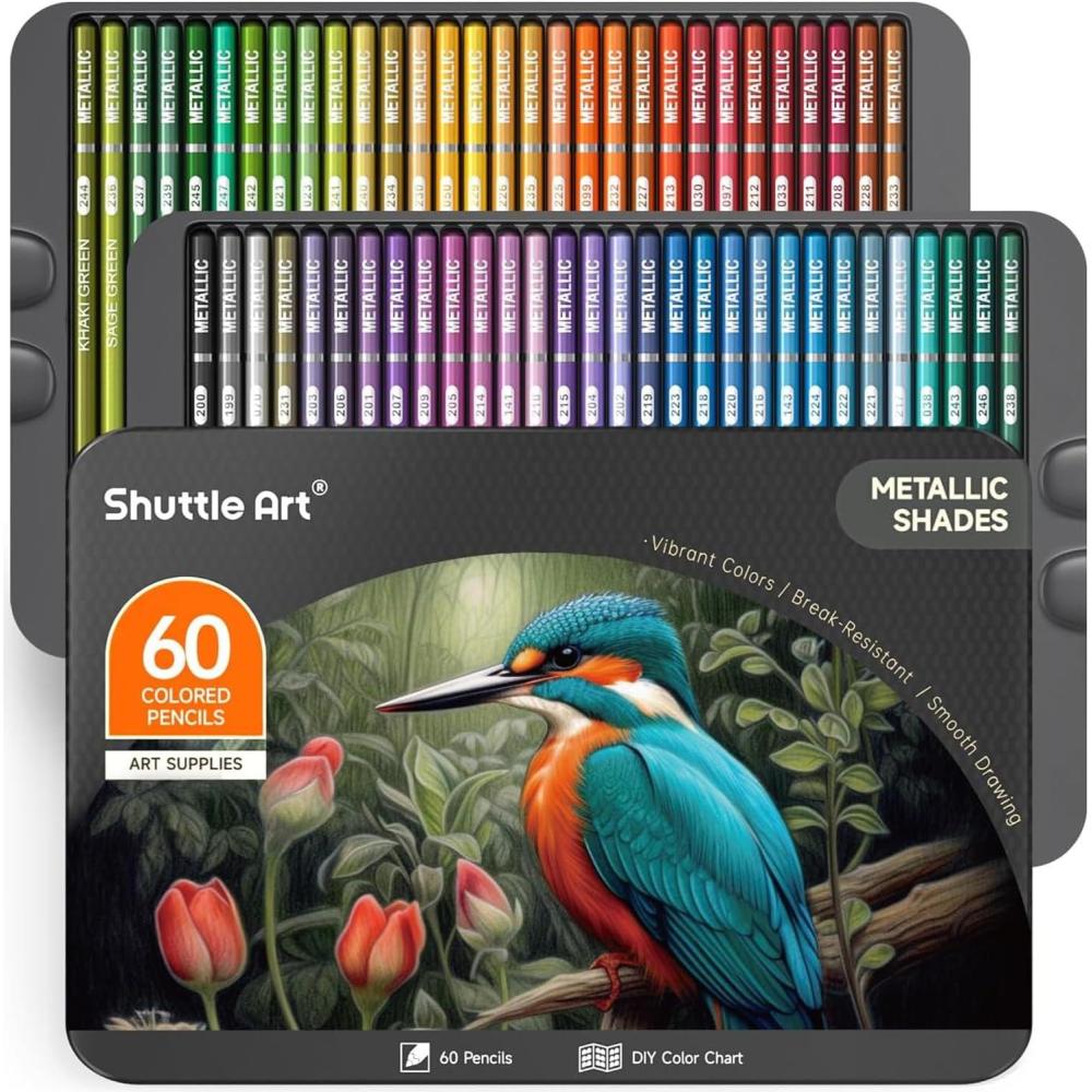 imageShuttle Art 60 Metallic Colored Pencils Colored Pencils for Adult Coloring Soft Core Coloring Pencil in Gift Tin Box Drawing Pencil for Kids Adults Beginners Artists Drawing Sketching60 Metallic Colors