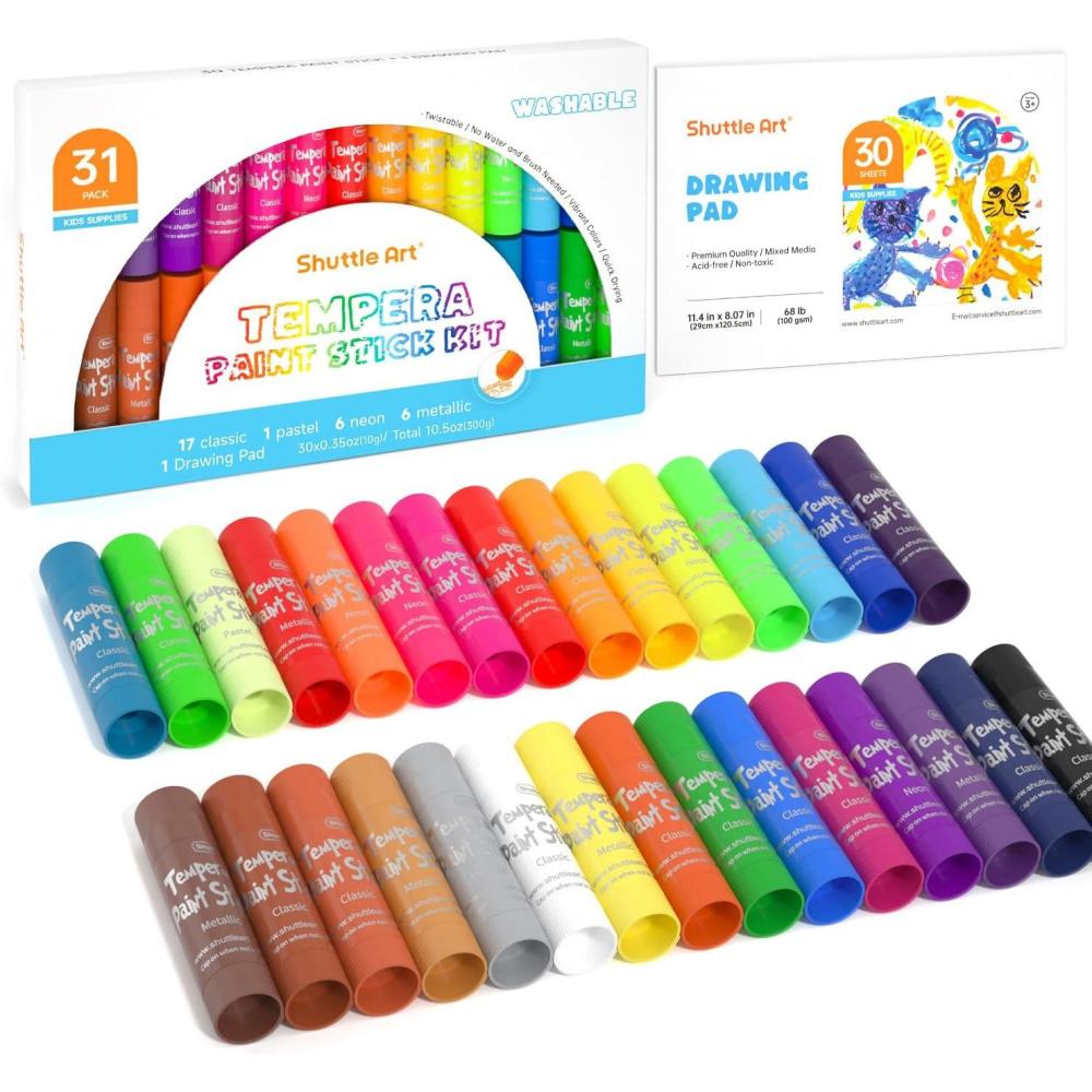 imageShuttle Art Tempera Paint Sticks 32 Colors Solid Tempera Paint for Kids Super Quick Drying NoToxic Works Great on Paper Wood Glass Ceramic Canvas30 Colors with 1 Drawing Pad