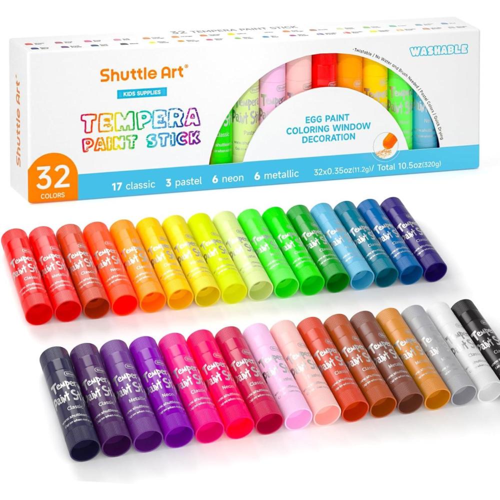 imageShuttle Art Tempera Paint Sticks 32 Colors Solid Tempera Paint for Kids Super Quick Drying NoToxic Works Great on Paper Wood Glass Ceramic Canvas32 Colors