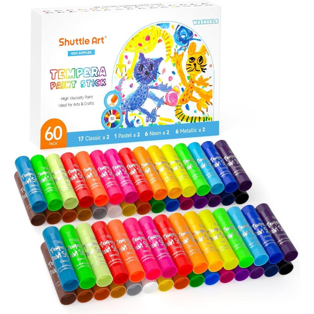 imageShuttle Art Tempera Paint Sticks 60 Pack 2 Sets of 30 Colors Solid Tempera Paint Washable Super Quick Drying Works Great on Paper Wood Glass Ceramic Canvas for Class School