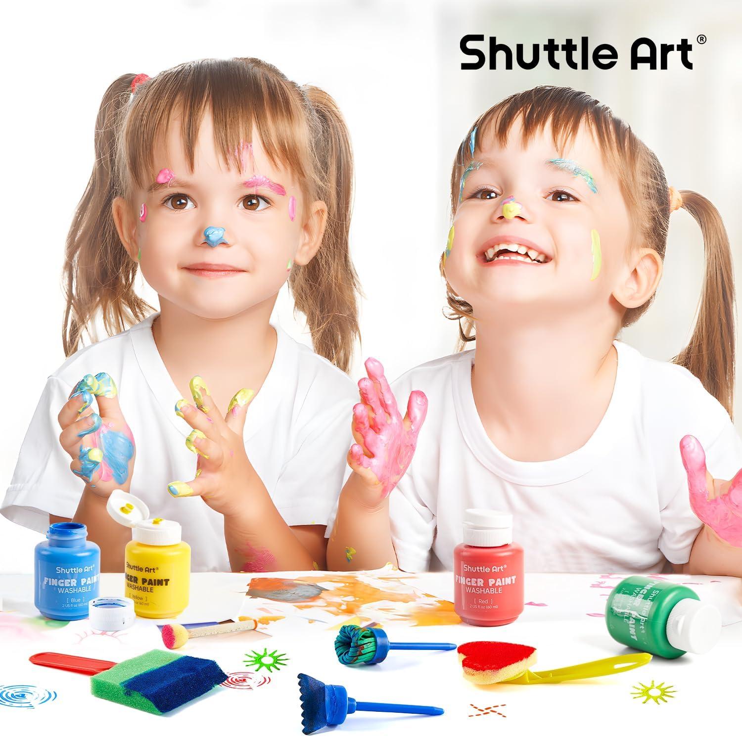 imageShuttle Art Washable Finger Paints Set Kids Paint Set  37 Pack with 10 Colors 60ml Paint Brushes Sponge Palette Smock NonToxic for ToddlersAssorted