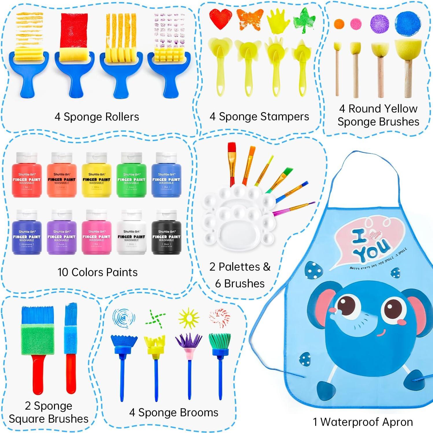 imageShuttle Art Washable Finger Paints Set Kids Paint Set  37 Pack with 10 Colors 60ml Paint Brushes Sponge Palette Smock NonToxic for ToddlersAssorted